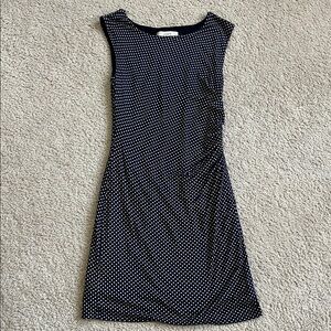Elegant Navy Blue and Cream Polka Dot Dress